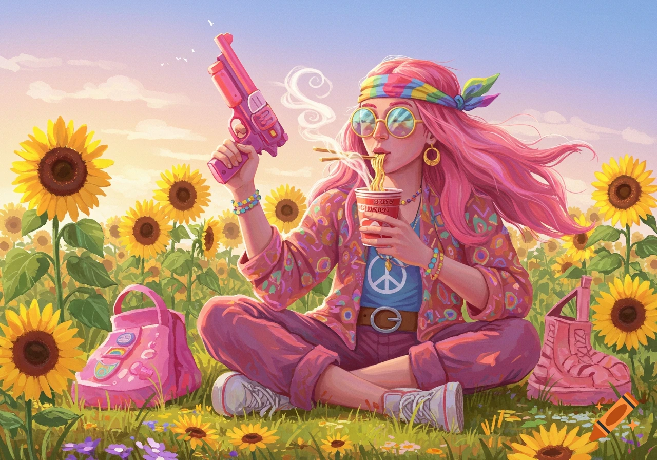 A colorful illustration of a pink-haired hippie woman sitting in a sunflower field, eating noodles from a cup while holding a pink toy gun.