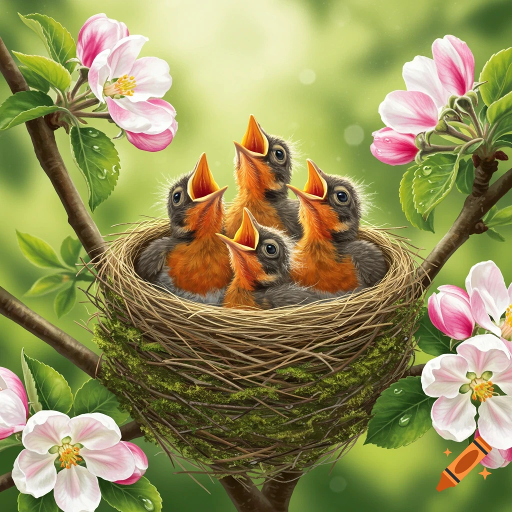 Four baby robins with open beaks in a nest made of twigs and moss, surrounded by pink and white apple blossoms on branches with green leaves, set against a blurry green background.