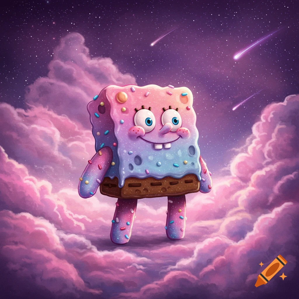 A vibrant, SpongeBob-like cosmic brownie character with long legs floats among pink clouds and shooting stars in a purple starry sky.