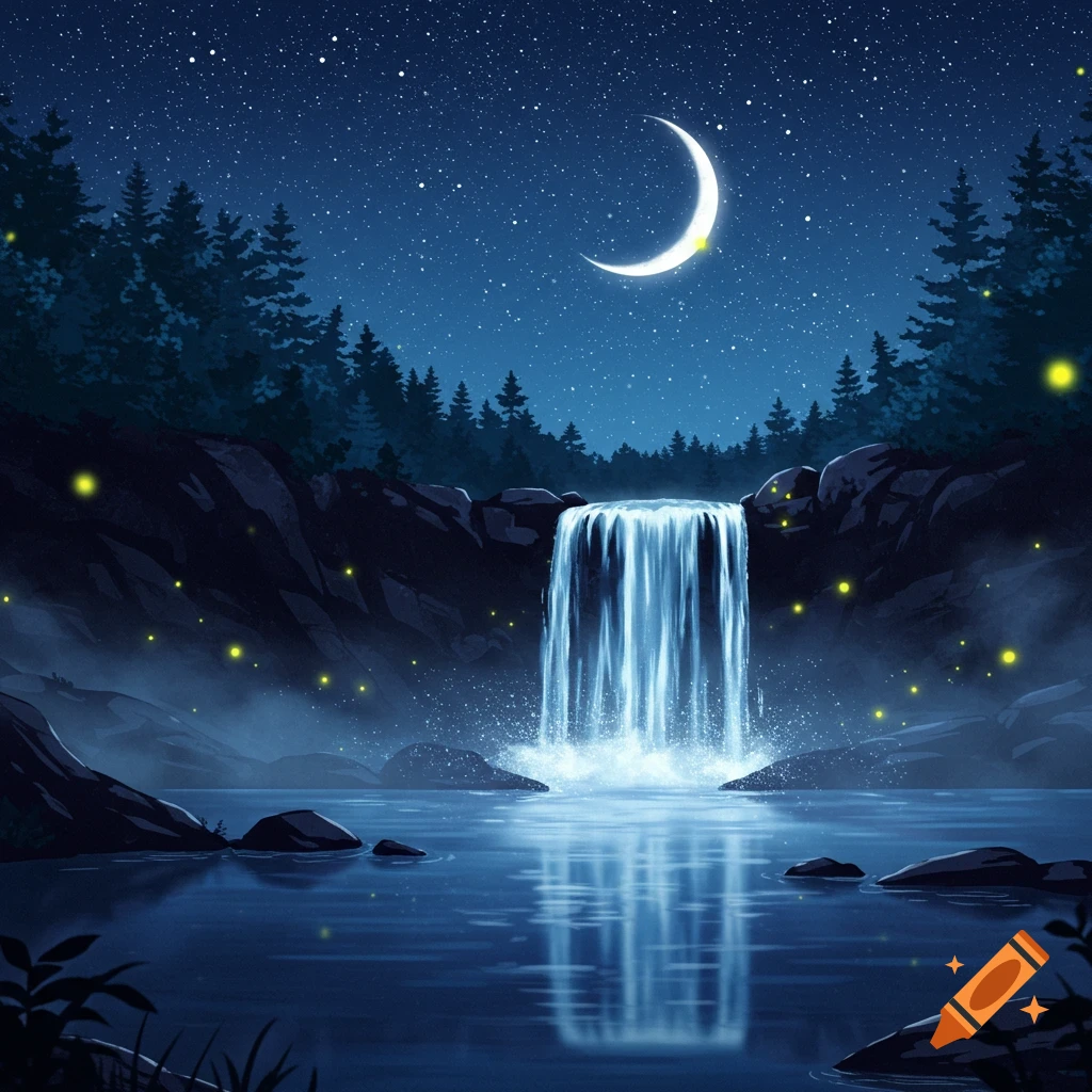 Animated night landscape with a waterfall under a crescent moon and starry sky, surrounded by dark trees.
