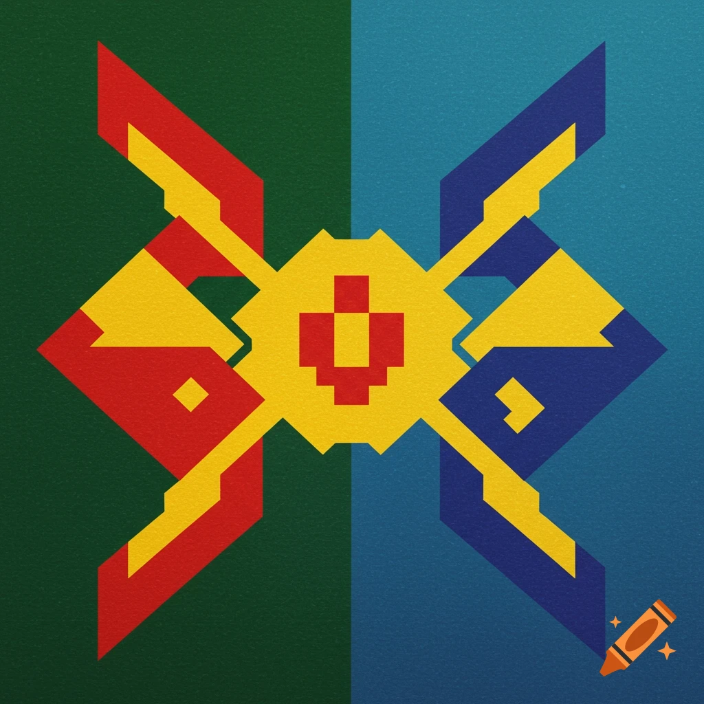 An abstract geometric design with red, yellow, and blue shapes on a split dark green and blue background.