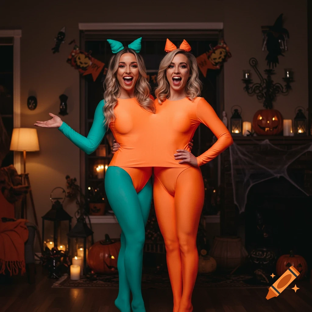 Two smiling women in a conjoined orange and teal Halloween costume with two heads and three legs, in a Halloween-decorated room.
