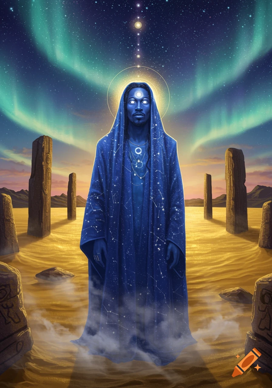 Mystical blue-skinned figure in a constellation robe with glowing eyes, standing among monoliths under an aurora-lit starry sky.