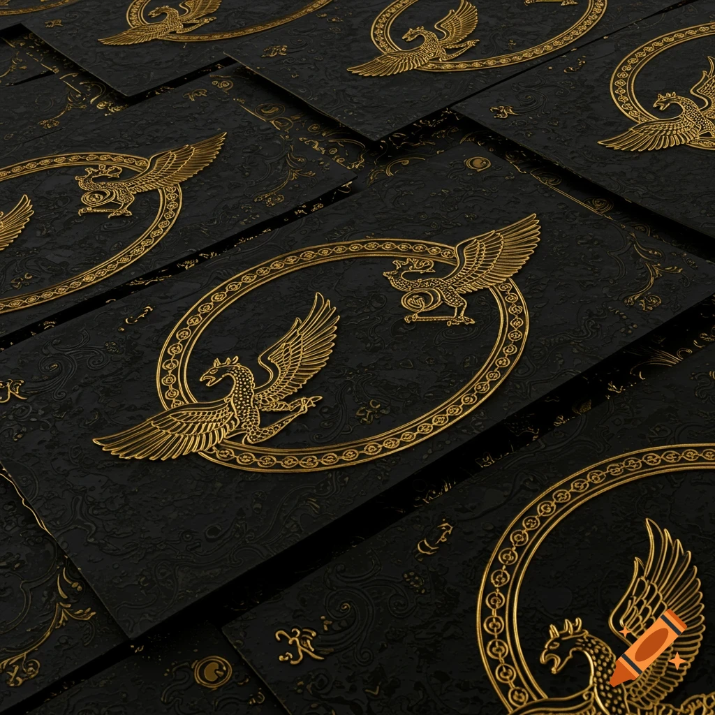 Golden phoenix-like creatures embossed on black, ornate surfaces resembling currency bills or seals.