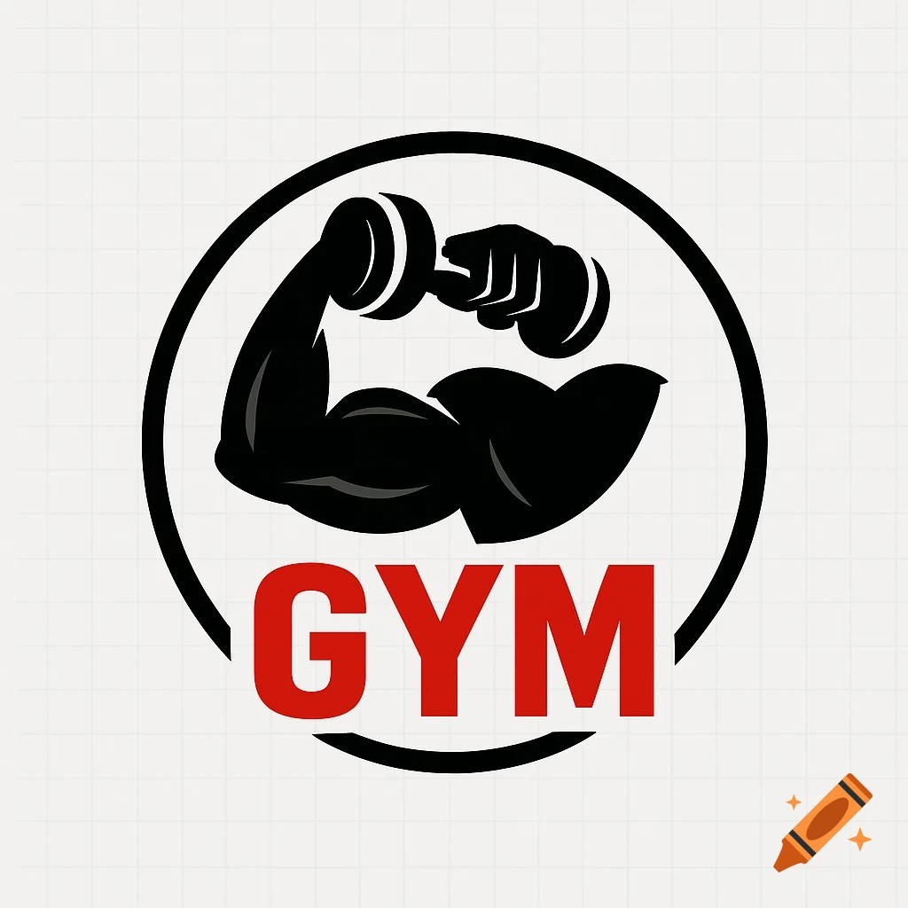 Minimalist gym logo with a black silhouette of a muscular arm holding a dumbbell inside a circle, and the red text 'GYM'.