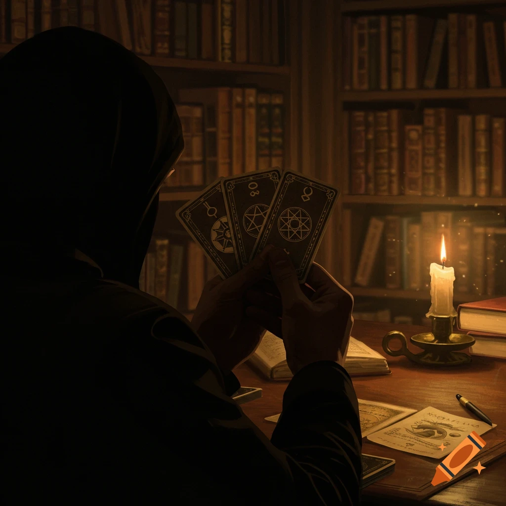 A hooded figure holds three ornate cards at a candlelit wooden desk in a dimly lit library, seen from over the shoulder.