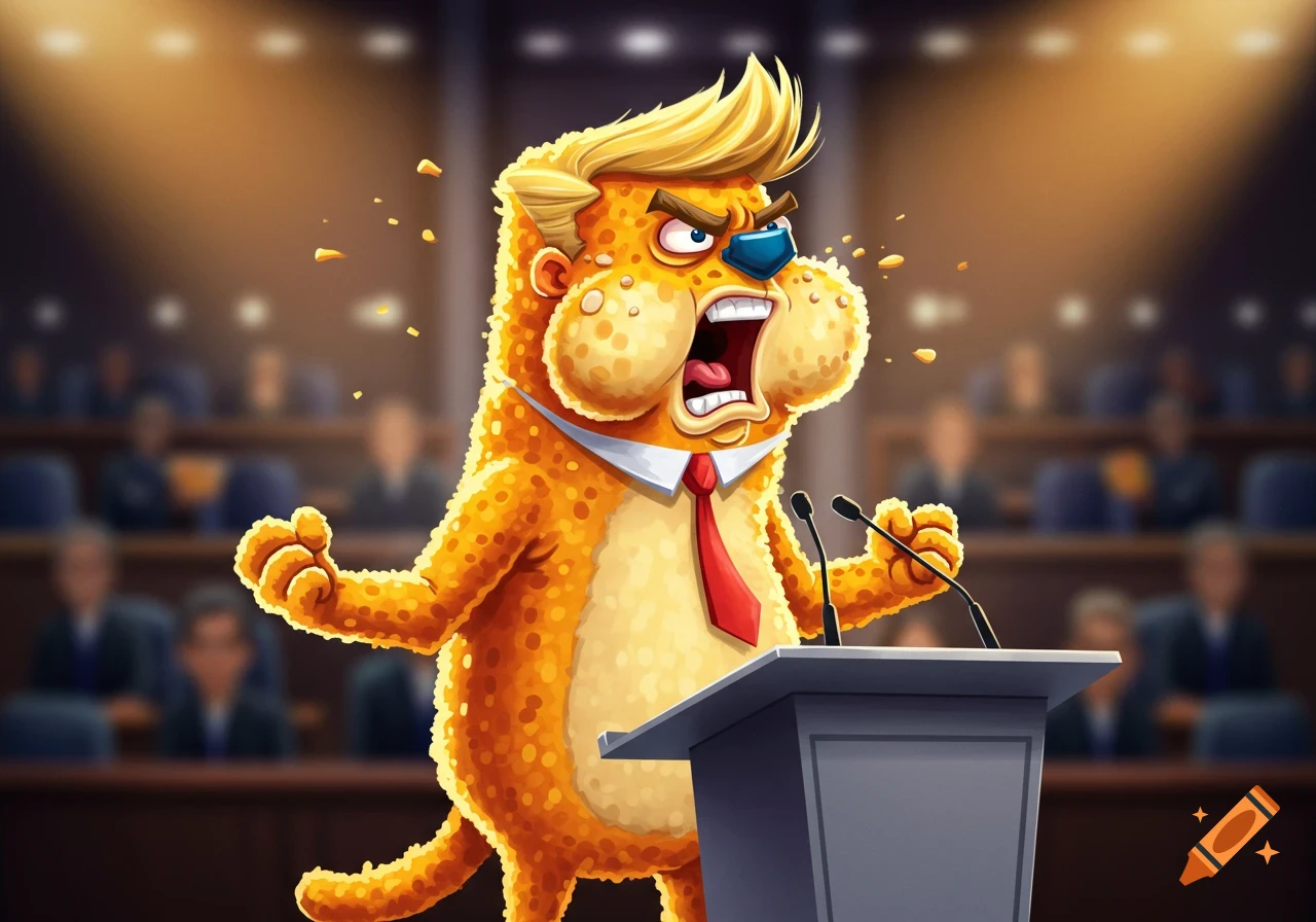 A vibrant cartoon character resembling an angry, orange cheeto puff with blonde hair, wearing a suit and red tie, yelling into microphones at a podium.