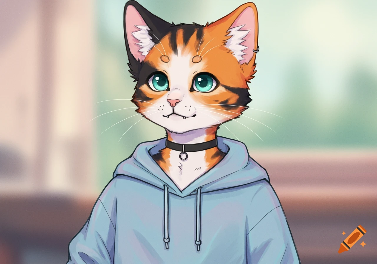 An anime-style anthropomorphic calico cat with teal eyes wearing a light blue hoodie and a choker.