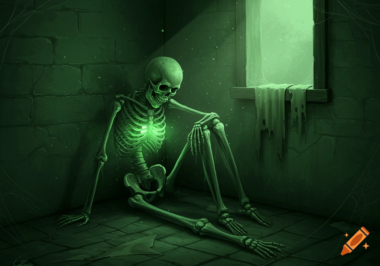 A glowing green skeleton sits dejectedly in a dark, stone dungeon room illuminated by a window.