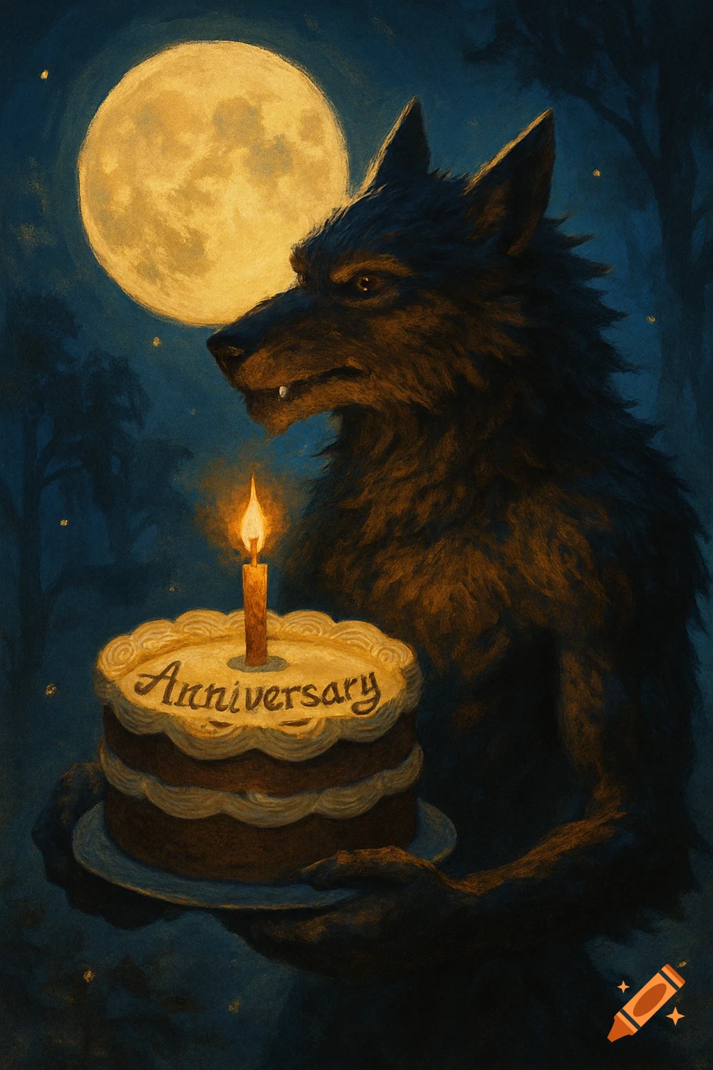 A werewolf holding a cake with a lit candle and the word 'Anniversary' written on it, under a large full moon.