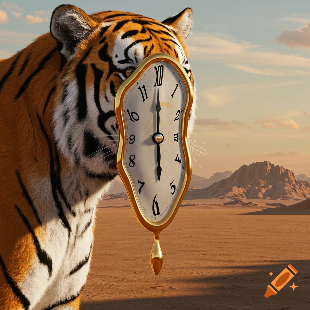 A surreal image of a tiger with a melting clock for its face in a desert landscape, inspired by Salvador Dali.