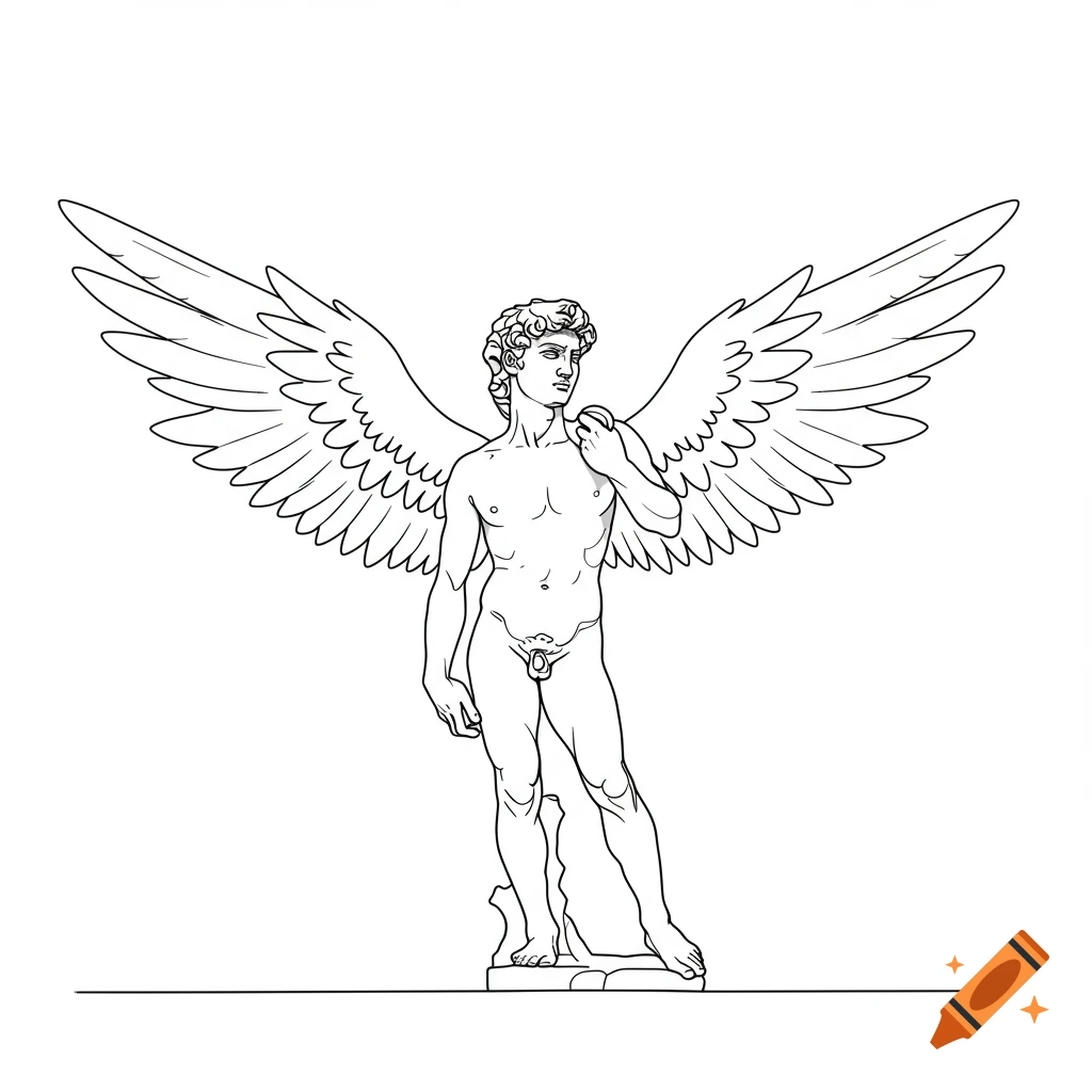 A minimalist line drawing of Michelangelo's David statue with large wings on a white background.