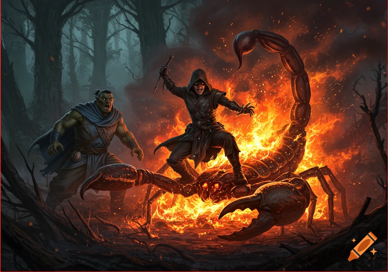 A hooded rogue stands on a burning scorpion with an orc-like figure nearby in a dark forest.