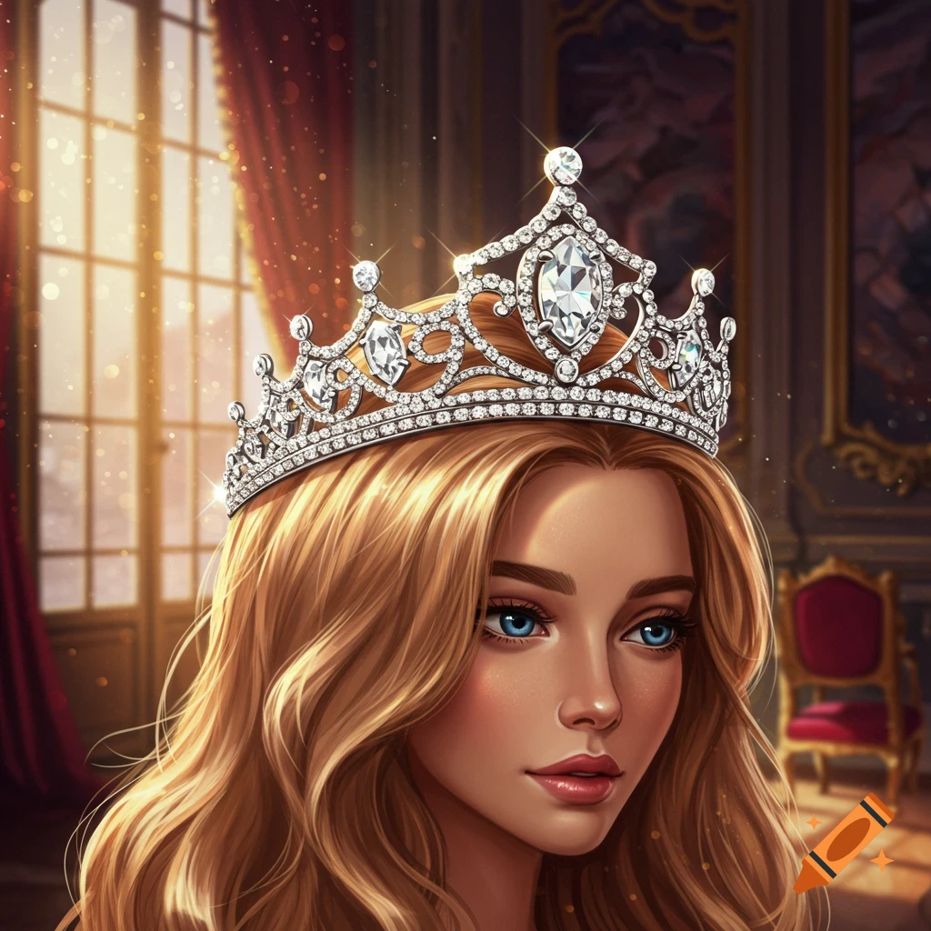 A stylized portrait of a blonde woman wearing a dazzling diamond tiara, looking thoughtfully, in a royal setting with golden sunlight.