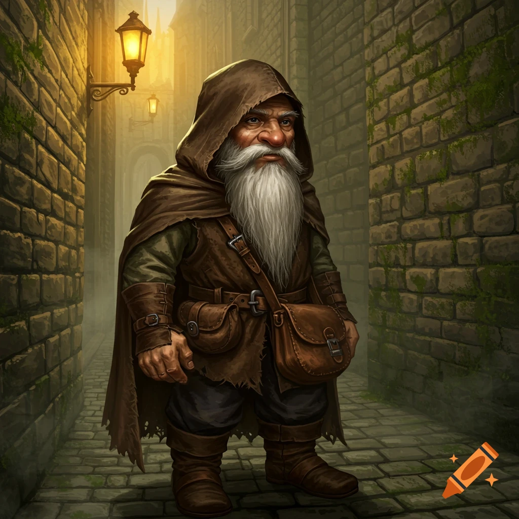 An old gnome with a long white beard and a brown hooded cloak stands in a narrow, misty stone alley with a lantern.