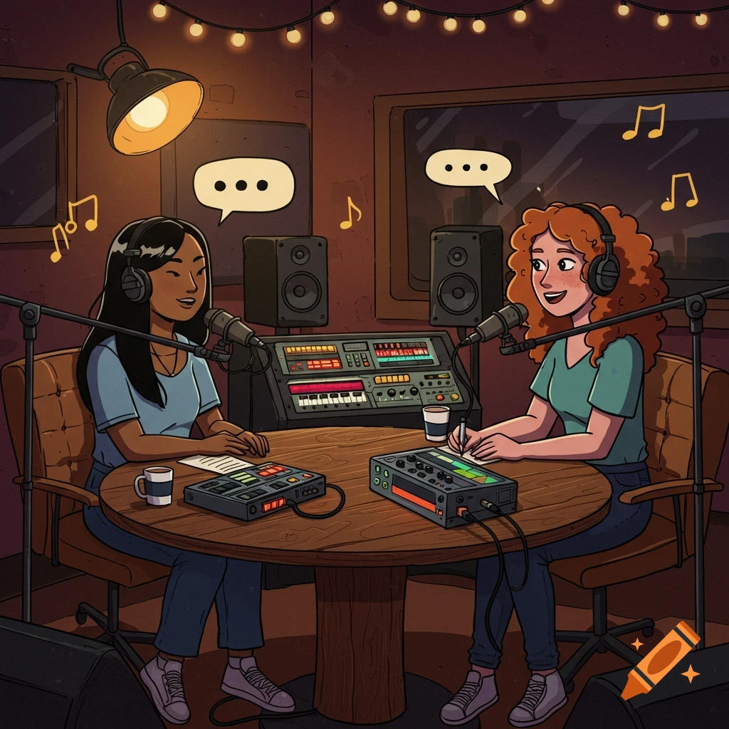 Two women sit at a table in a dimly lit cartoon podcast studio, speaking into microphones. Music notes float around them.
