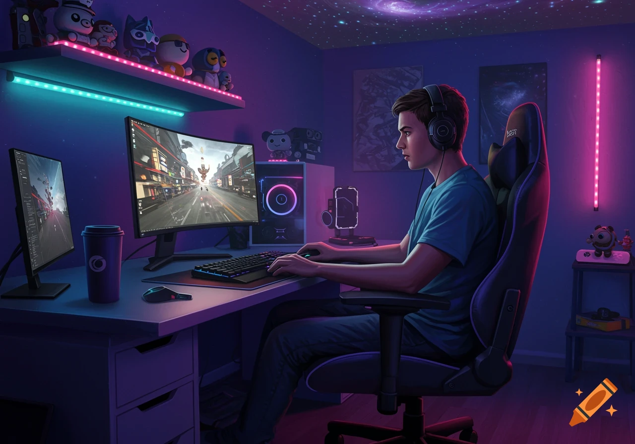 A young male gamer wearing headphones plays on a desktop computer in a dimly lit, futuristic bedroom with purple and blue LED lights.