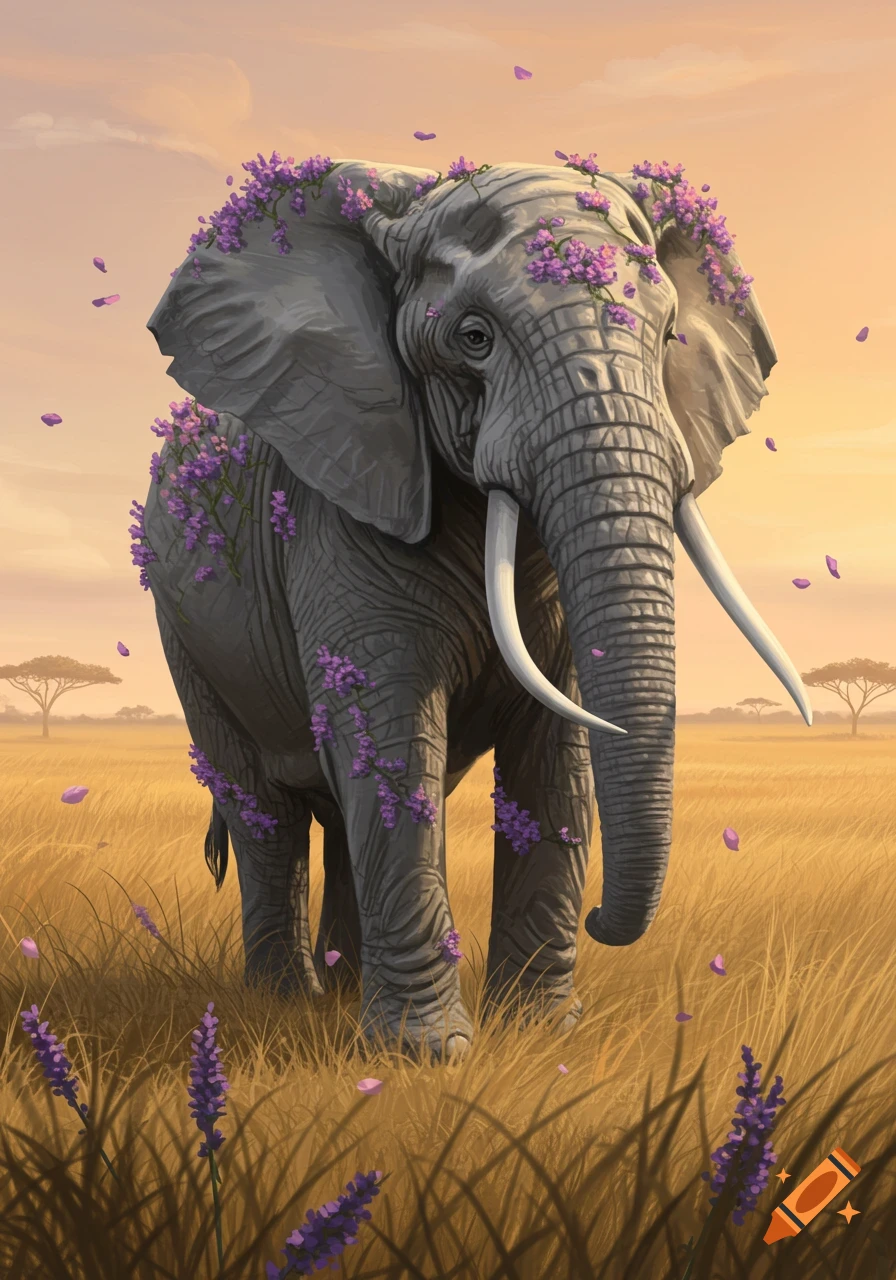 An elephant adorned with purple lavender flowers stands in a golden savanna at sunset.