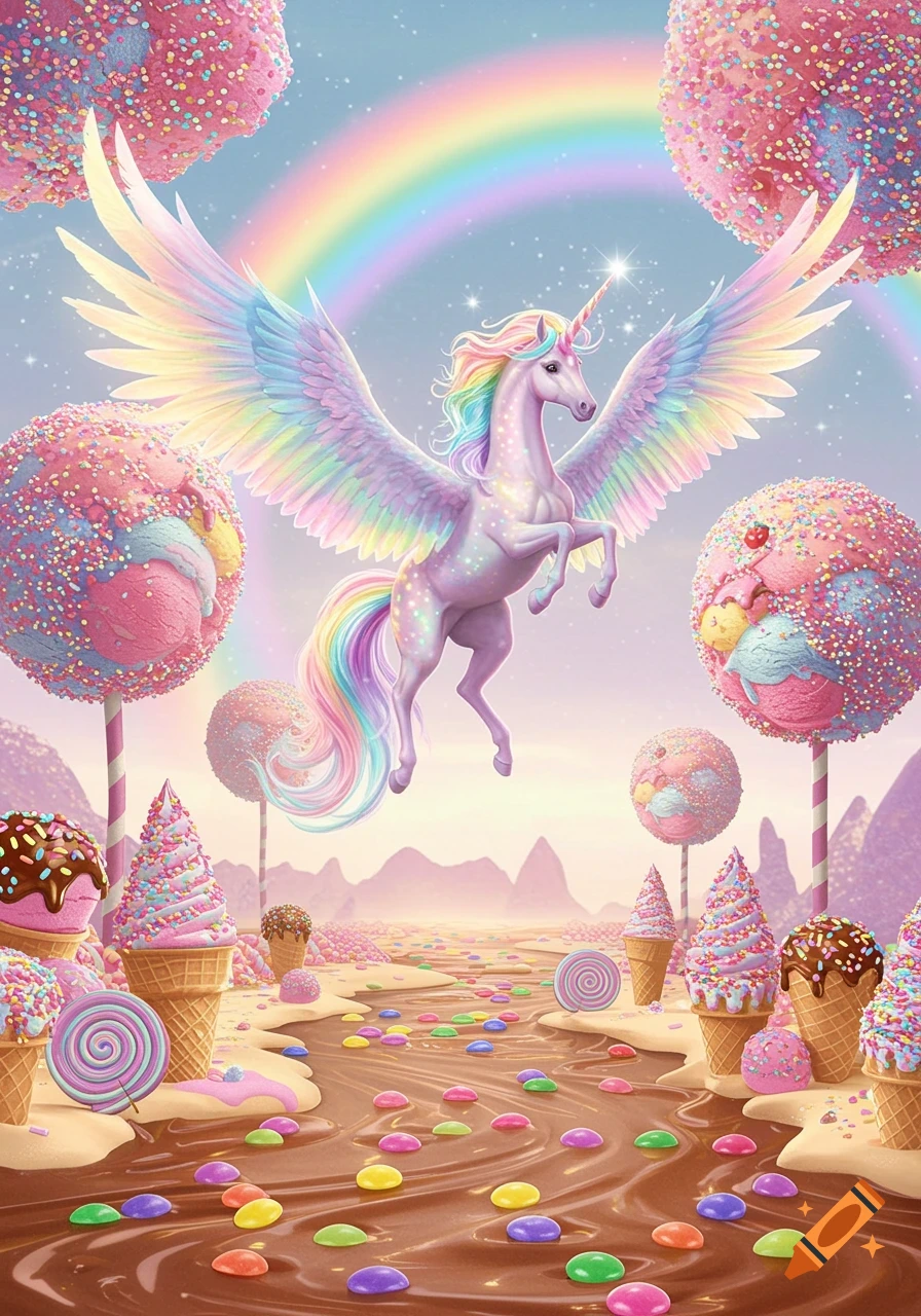 A colorful, rainbow-winged unicorn flies over a chocolate river with candies, surrounded by ice cream cone trees and giant sweets under a rainbow sky.