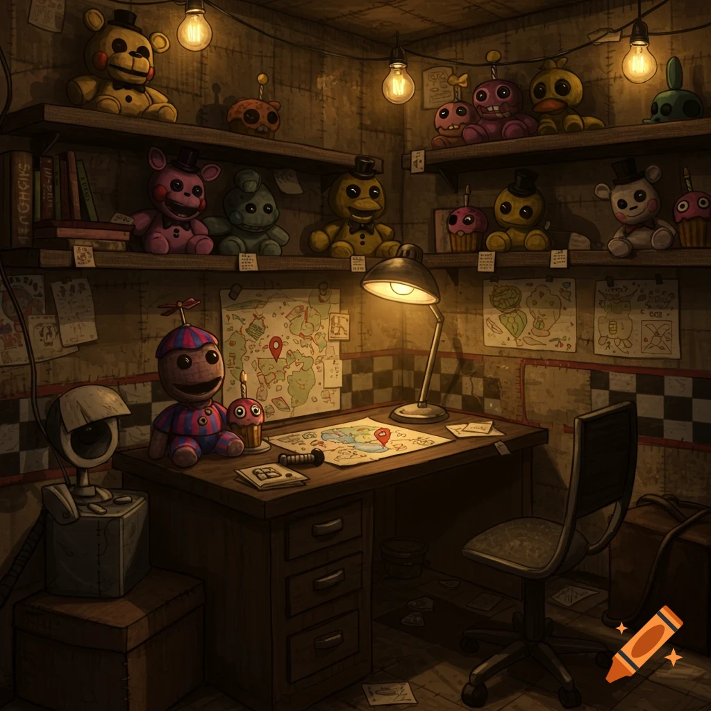 A dimly lit, cluttered office room with shelves full of stylized Five Nights at Freddy's plush animatronics and a desk with a map and lamp, in a LittleBigPlanet-like style.