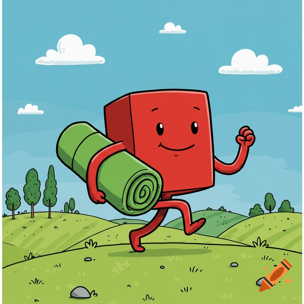 A red cartoon block character with a happy face walks through a green, hilly landscape, carrying a rolled green mat.