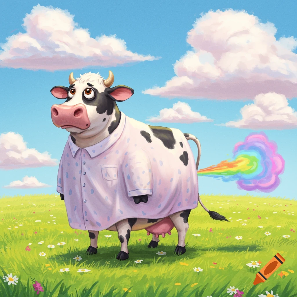 A sad, cartoonish cow in a pink polka-dot shirt stands in a green field, farting a colorful rainbow cloud.