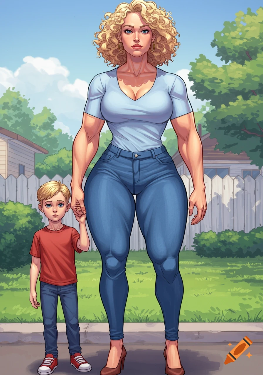 A tall, muscular blonde woman in a light blue shirt and jeans holds the hand of a small boy in a suburban cartoon scene.