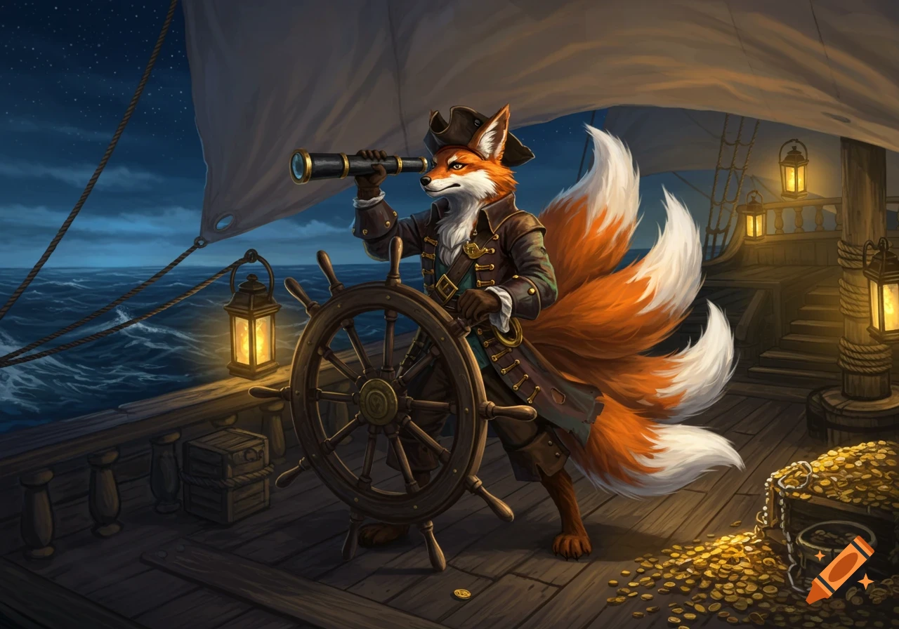 A multi-tailed kitsune pirate in a coat and tricorn hat stands at a ship's helm, looking through a spyglass, with treasure on deck.