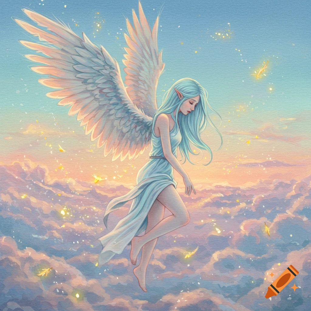 A light blue-haired angel woman floats gracefully through colorful watercolor clouds at sunset, with golden sparkles around her.