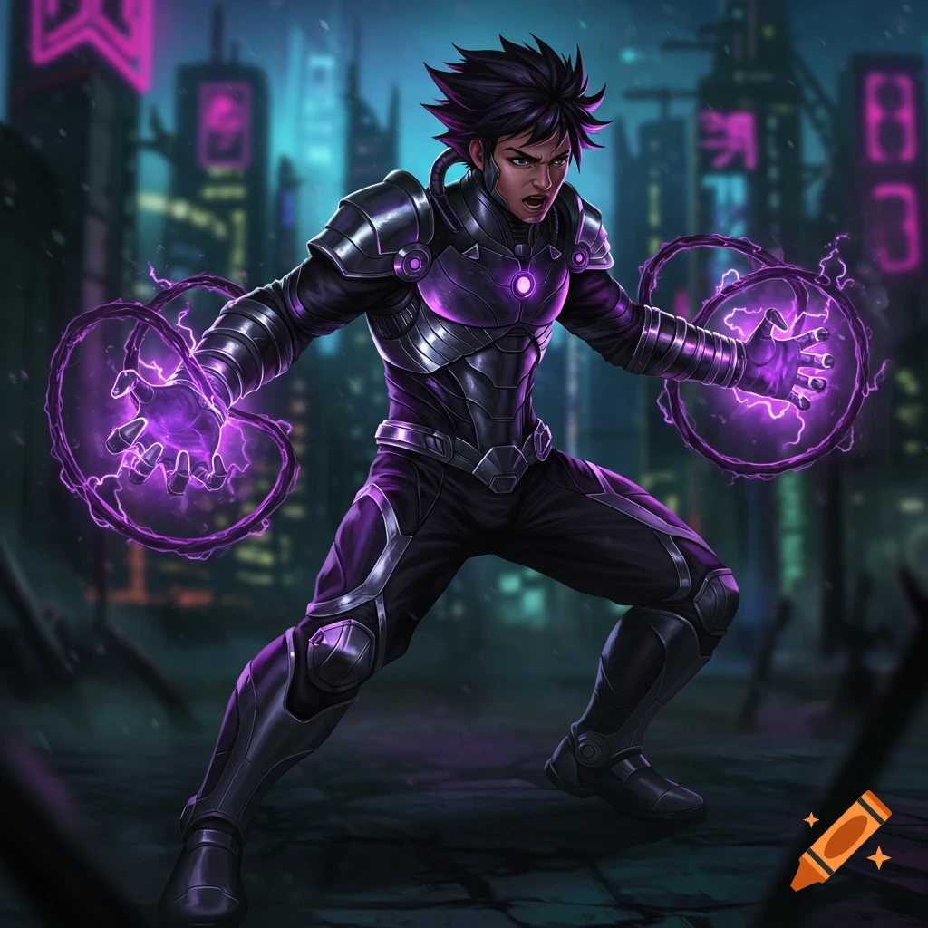 A male anime-style superhero in a dark purple and silver suit, emitting purple energy from his hands in a cyberpunk city at night.