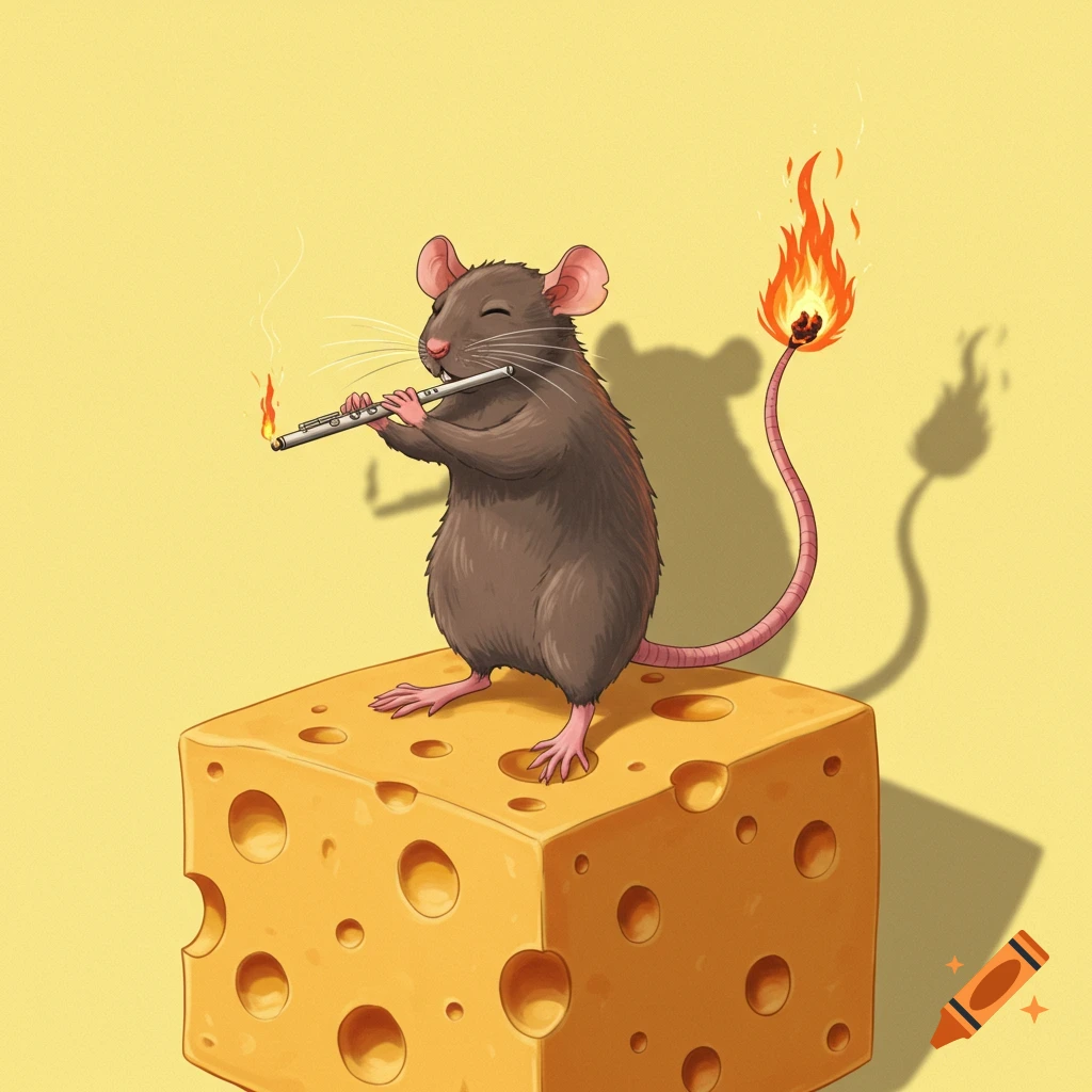 A cartoon rat plays a flute with smoke rising from it, while its tail is on fire. It stands on a large block of Swiss cheese against a yellow background.