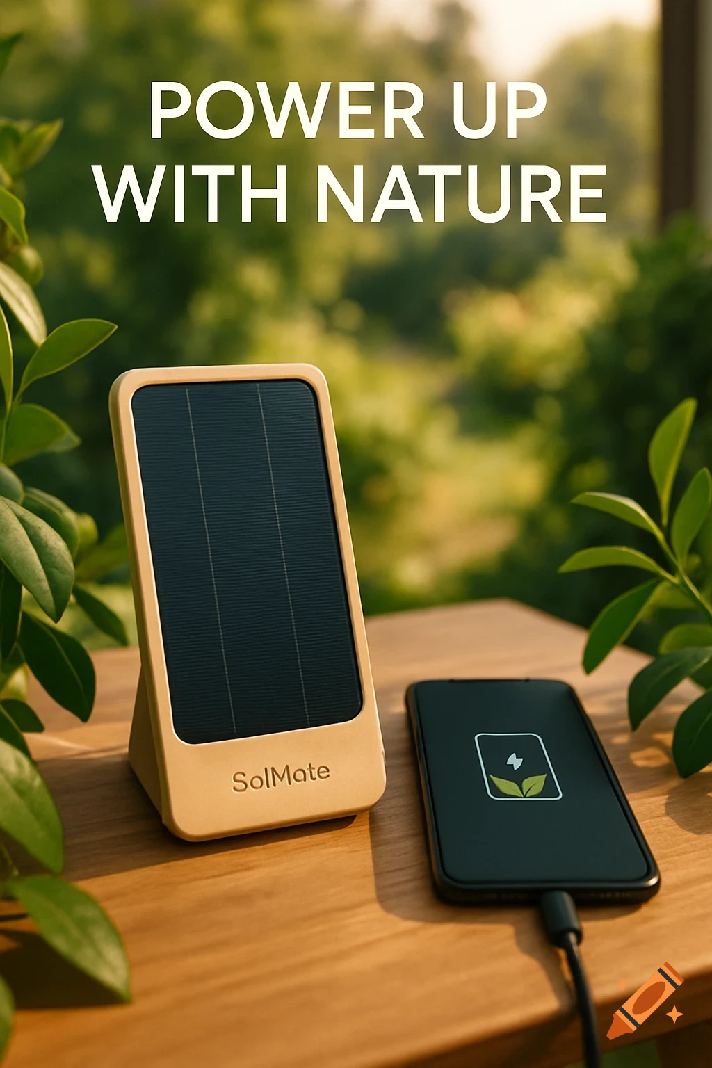 A solar-powered phone charger called 'SolMate' and a smartphone charging on a wooden table amidst green plants, with 'Power Up with Nature' text overlay.