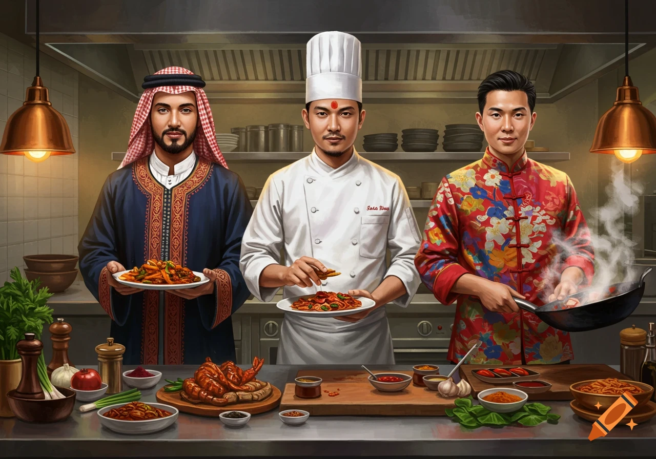 Three diverse male chefs, Middle Eastern, Nepalese, and Chinese, present and prepare dishes in a detailed kitchen setting.