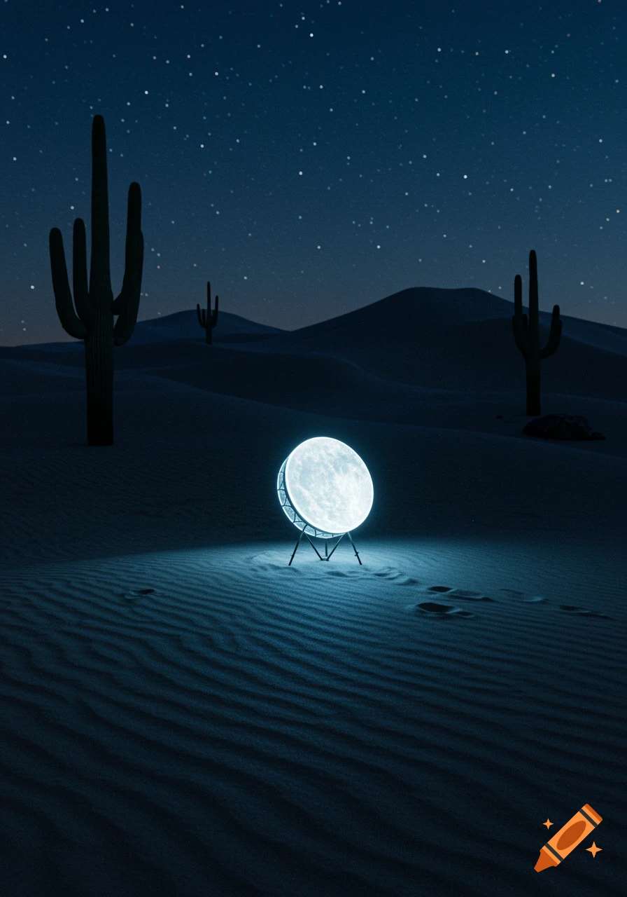 A glowing orb resembling a moon sits on sand dunes in a desert at night, with saguaro cacti under a starry sky.