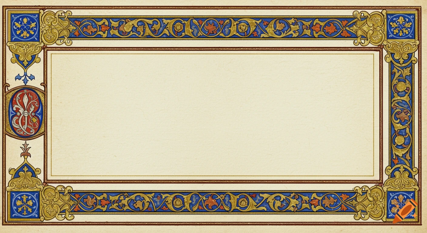 Horizontal rectangular frame with ornate gold and blue medieval manuscript border around a cream parchment interior.