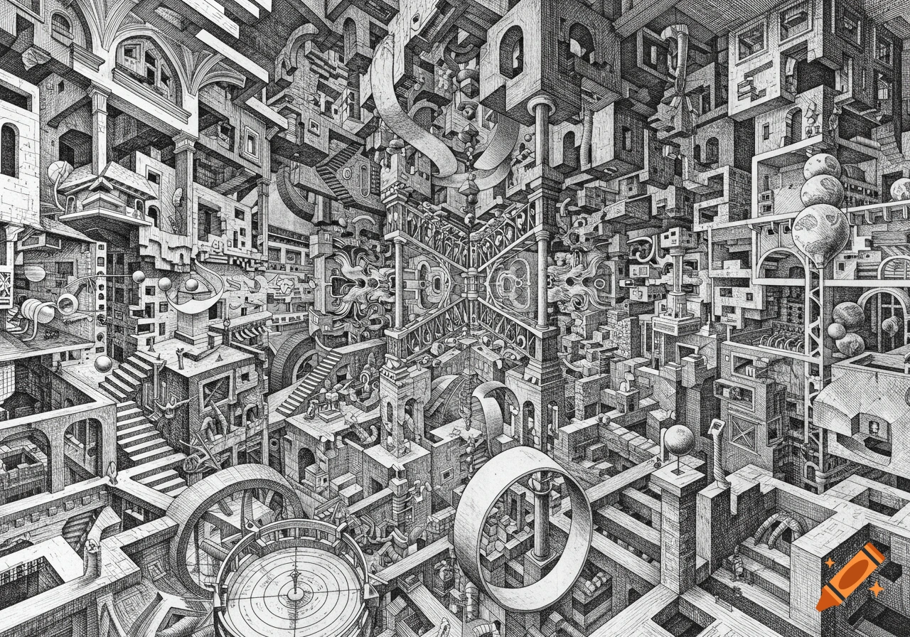 Detailed black and white etching of a complex, impossible architectural structure with recursive geometry in a surrealist style.