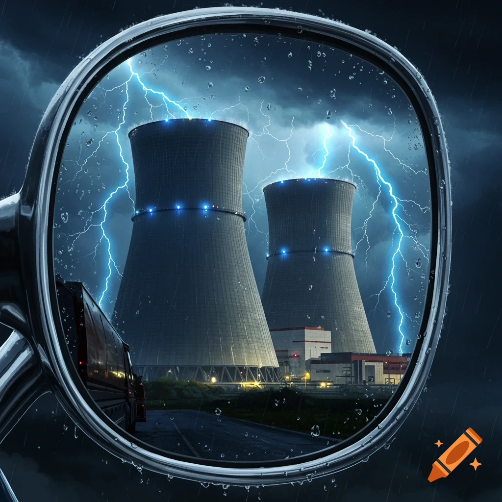 Photorealistic view of a nuclear reactor with lightning in a stormy sky, reflected in a truck's side mirror with raindrops.