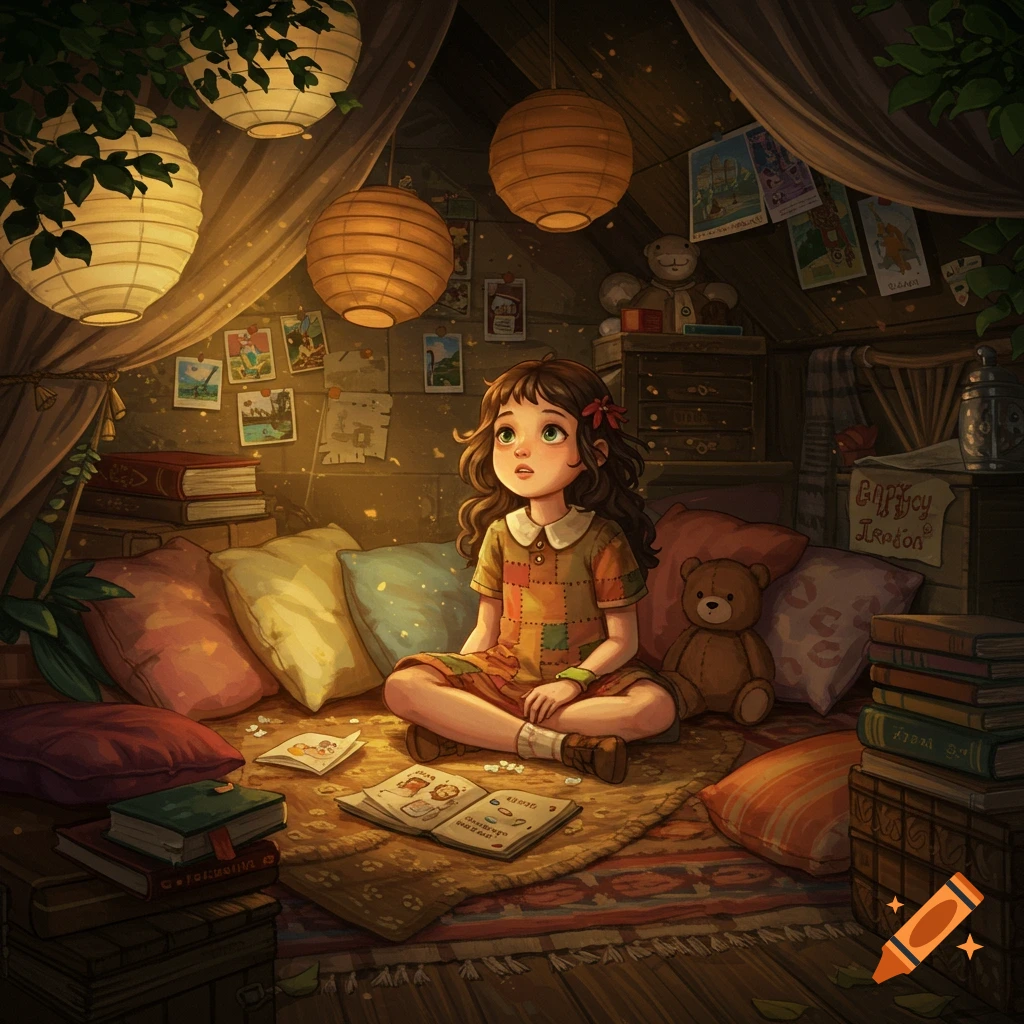A young girl sits on a rug in a cozy, lantern-lit den, surrounded by pillows and books, looking up. The illustration has a warm, whimsical style.