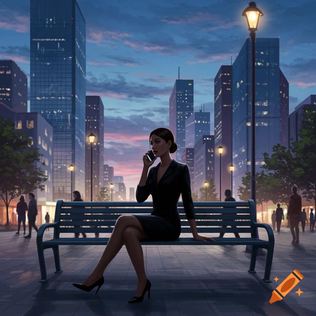 A woman in a dark suit sits on a park bench talking on her phone at dusk, with city skyscrapers and streetlights in the background.