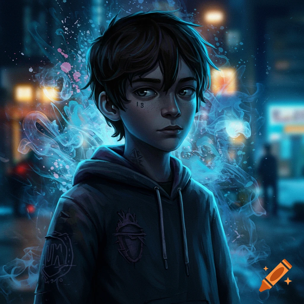 A stylized digital art portrait of a young person with dark hair and blue eyes, wearing a dark hoodie, surrounded by blue glowing mist and pink splatters, in an urban setting with blurred lights.