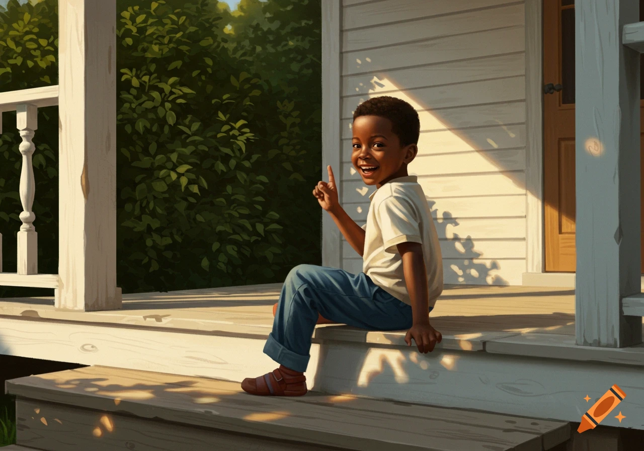 A happy young African-American boy sits on a wooden porch, raising his left index finger, on a sunny day.
