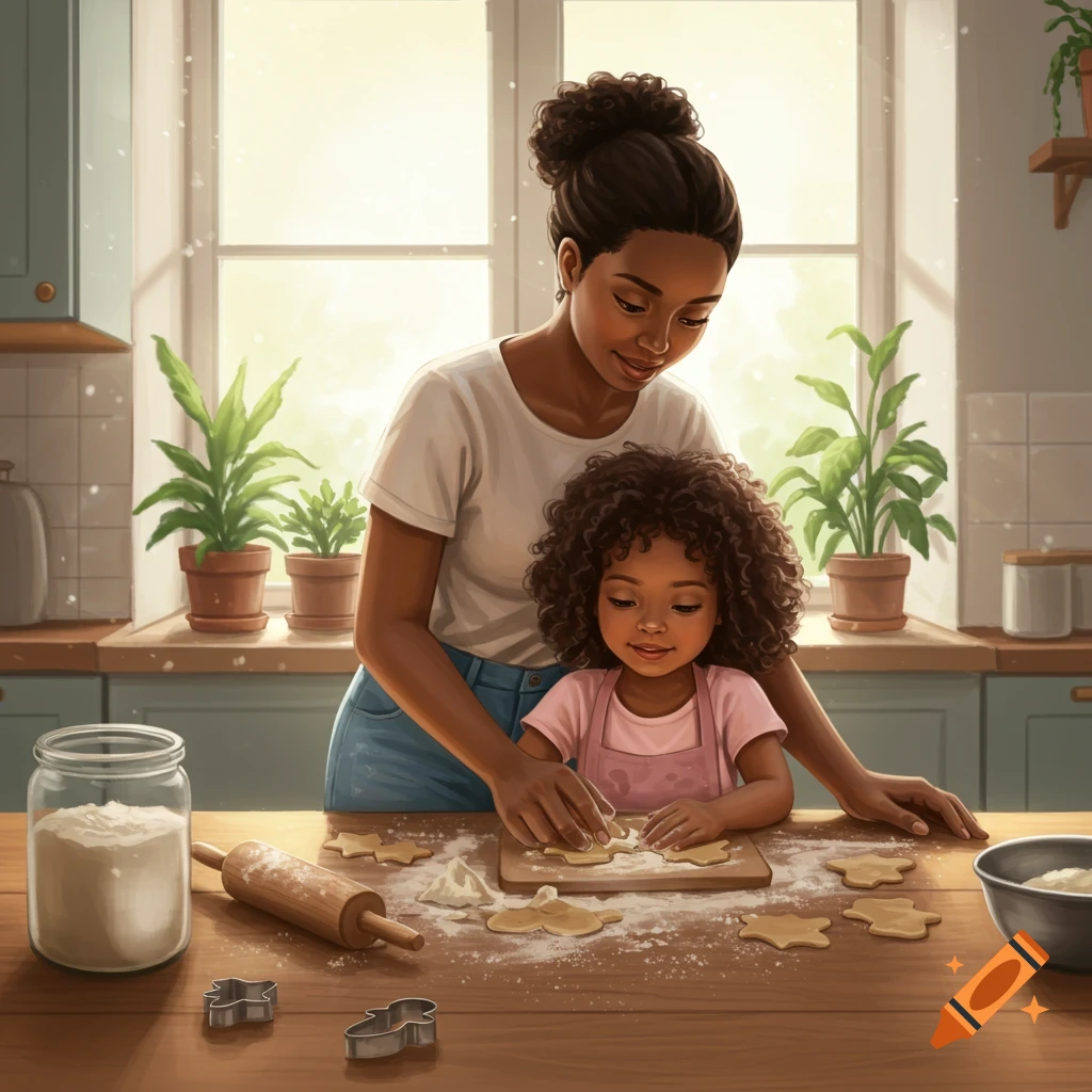 A Black woman and a young mixed-race girl making cookies in a bright kitchen.