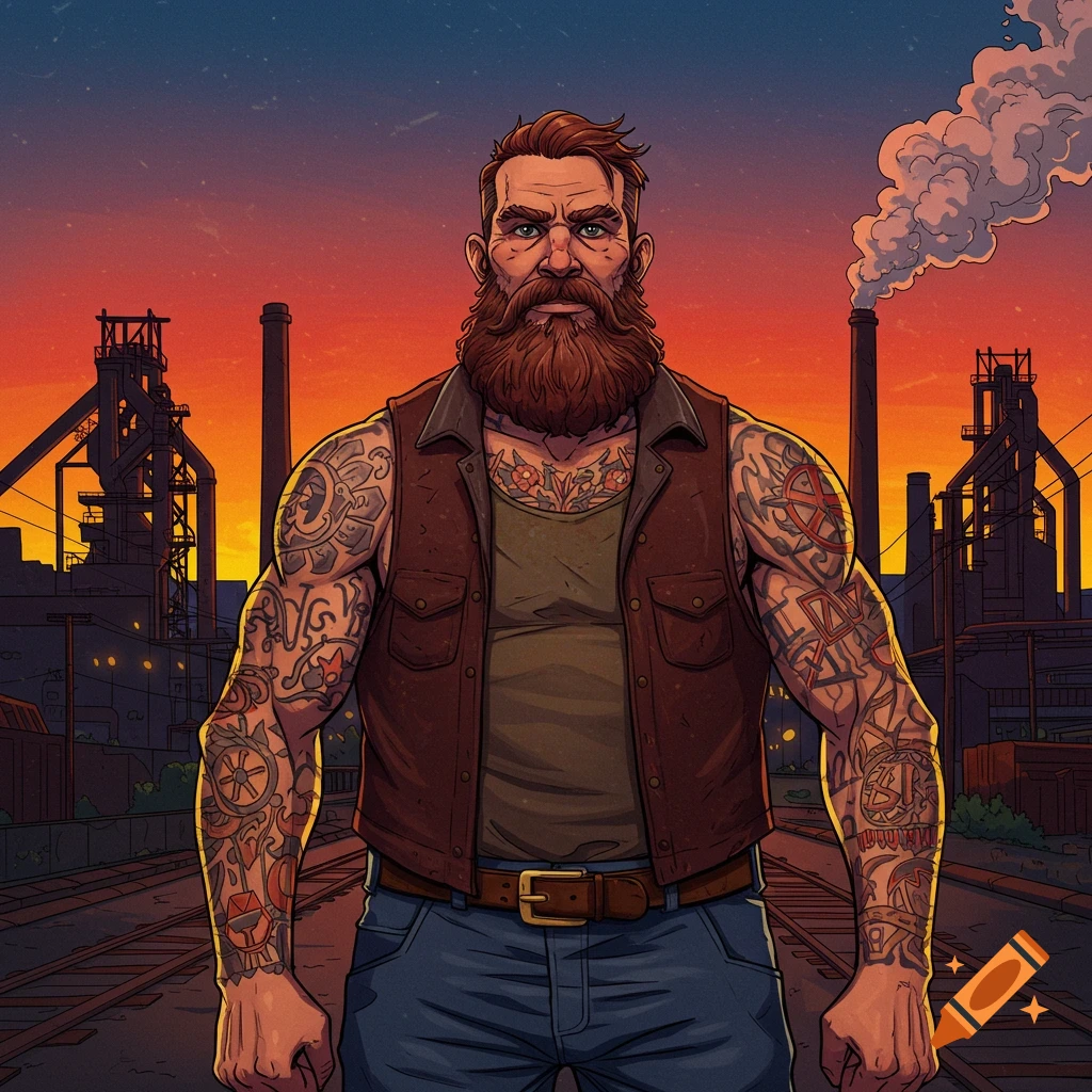 A heavily tattooed and bearded man in a brown vest and blue jeans stands in front of a steel mill at sunset in a stylized illustration.