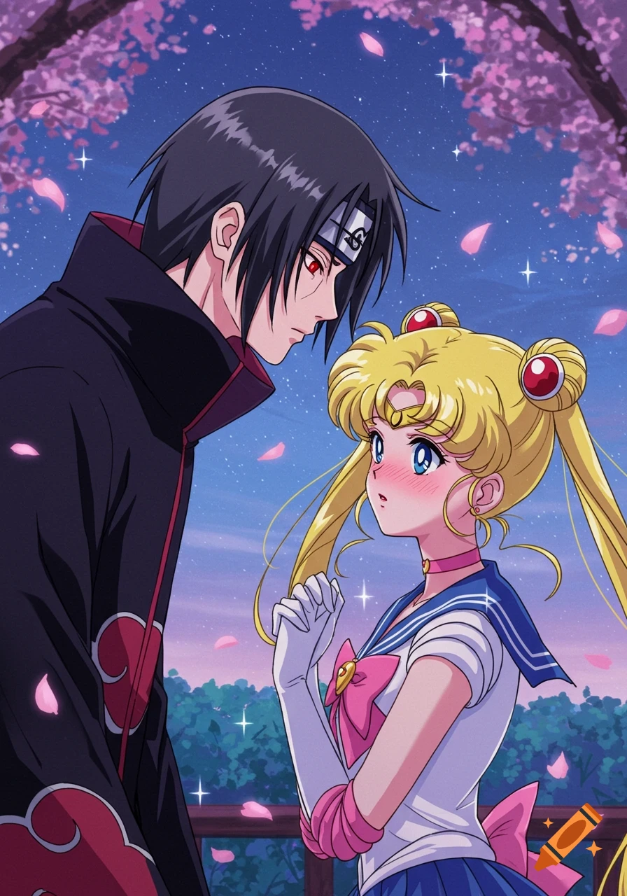 Anime style image of Itachi Uchiha leaning towards a blushing Usagi Tsukino under a starry night sky with falling cherry blossoms.