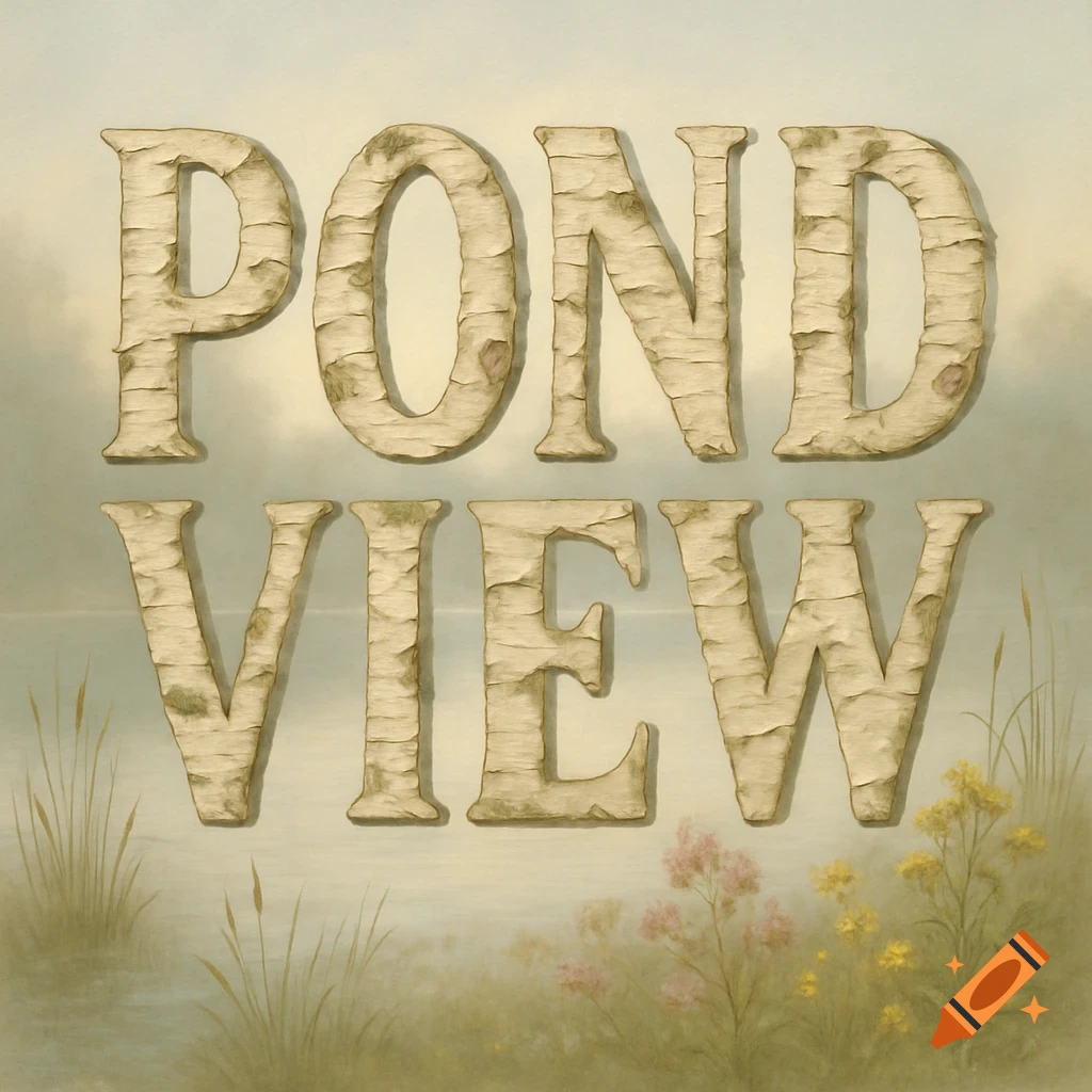 The words 'POND VIEW' with a birch bark texture float above a serene painted landscape of a pond with reeds and wildflowers.