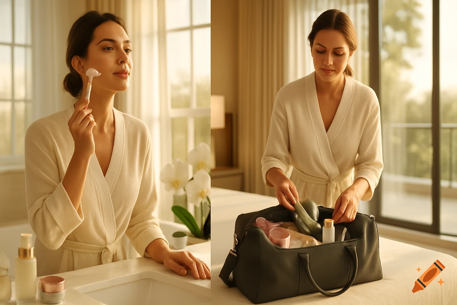An elegant woman in a robe in a split-scene image: using a facial roller in a bathroom and packing a travel bag in a bedroom. Photorealistic.