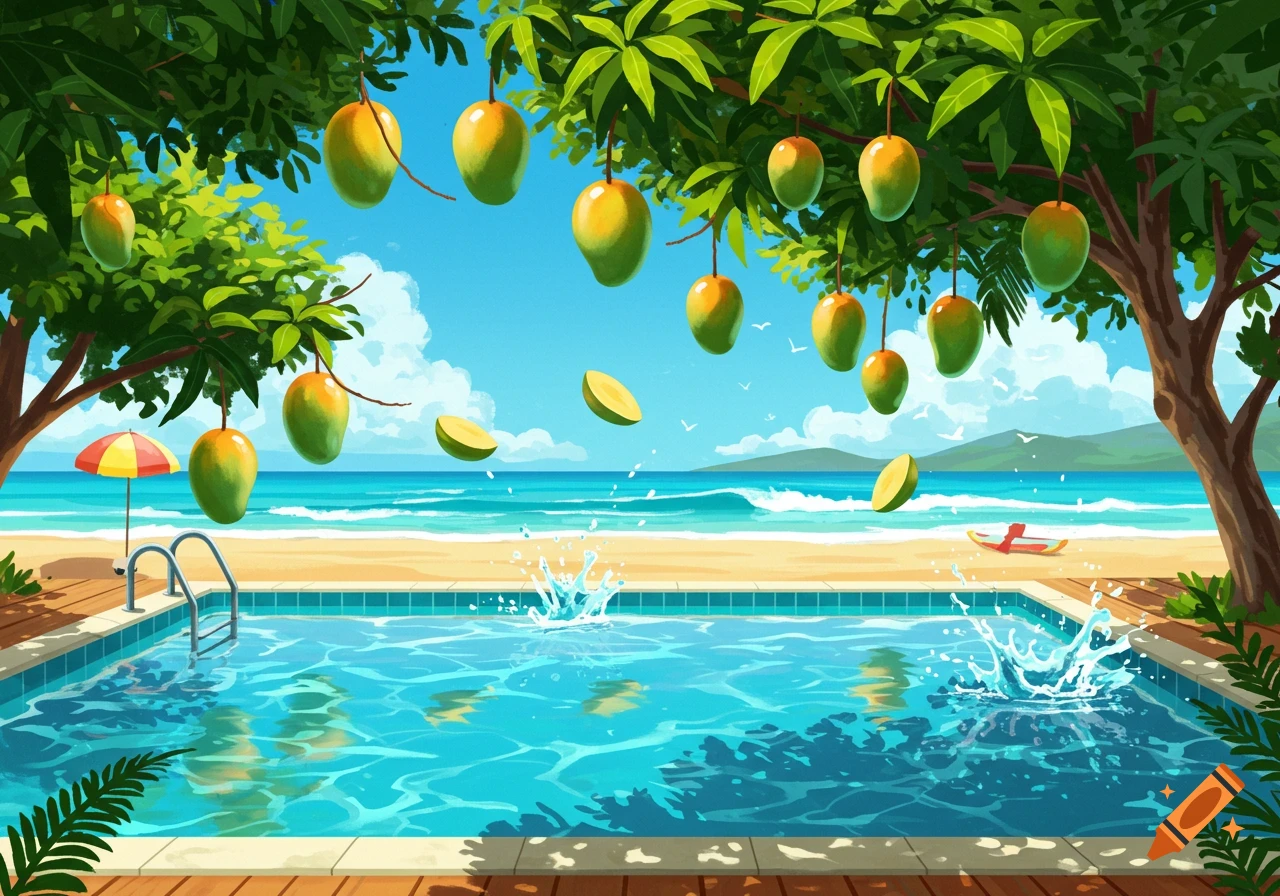 Cartoon illustration of a tropical beach scene with a swimming pool, mango trees, and mangoes falling into the water and ocean.