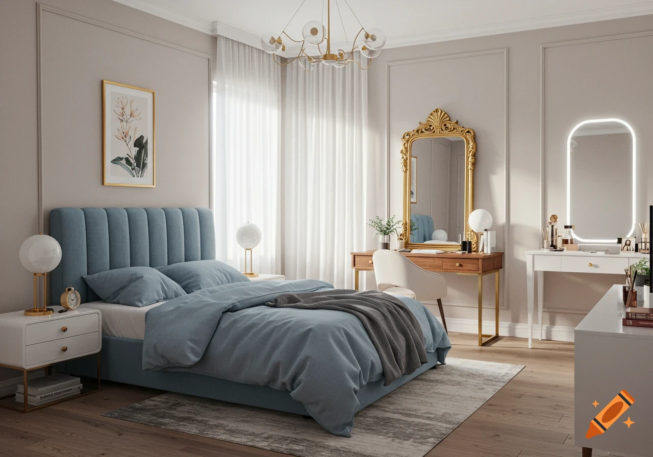 A modern bedroom with a blue tufted bed, white nightstands, a wooden desk with a gold mirror, and a makeup vanity.