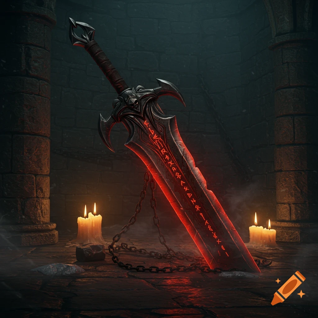 An ornate dark greatsword with a glowing red, rune-etched blade, chained in a candlelit stone dungeon.
