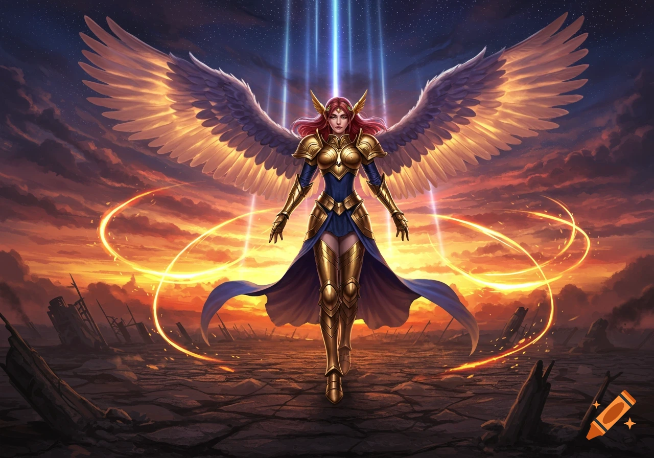 A majestic winged warrior in golden armor stands in a desolate, cracked landscape under a dramatic sunset and starry sky, with light beams from above.